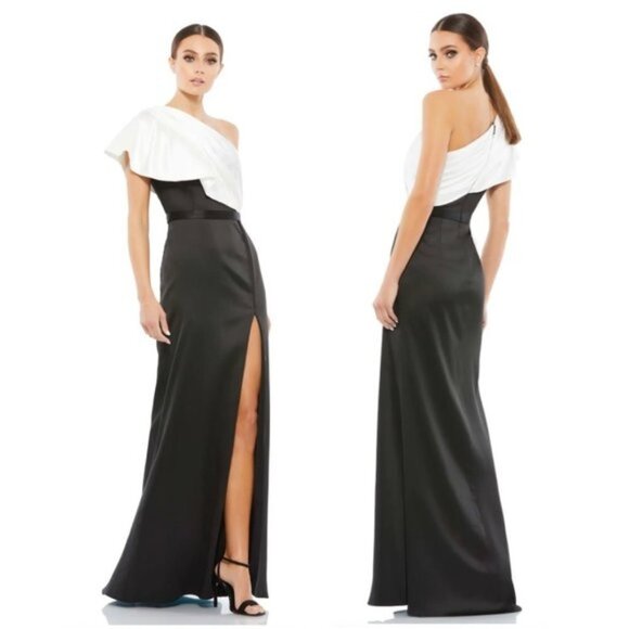 Ieena Mac Duggal Black White Colorblock One-Shoulder Satin Gown